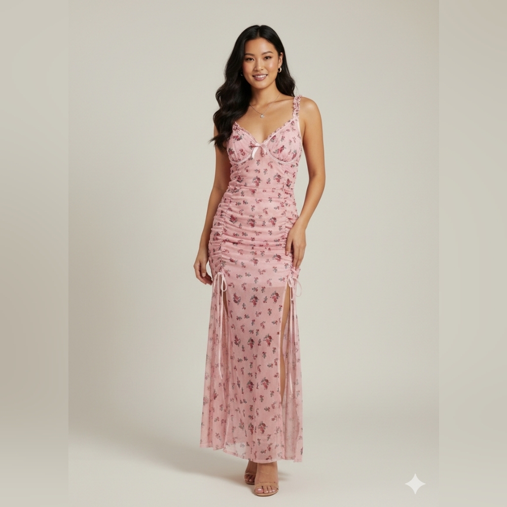 ​🌹 VIRAL Rose Print Mesh Ruched Lingerie Gown 🌹